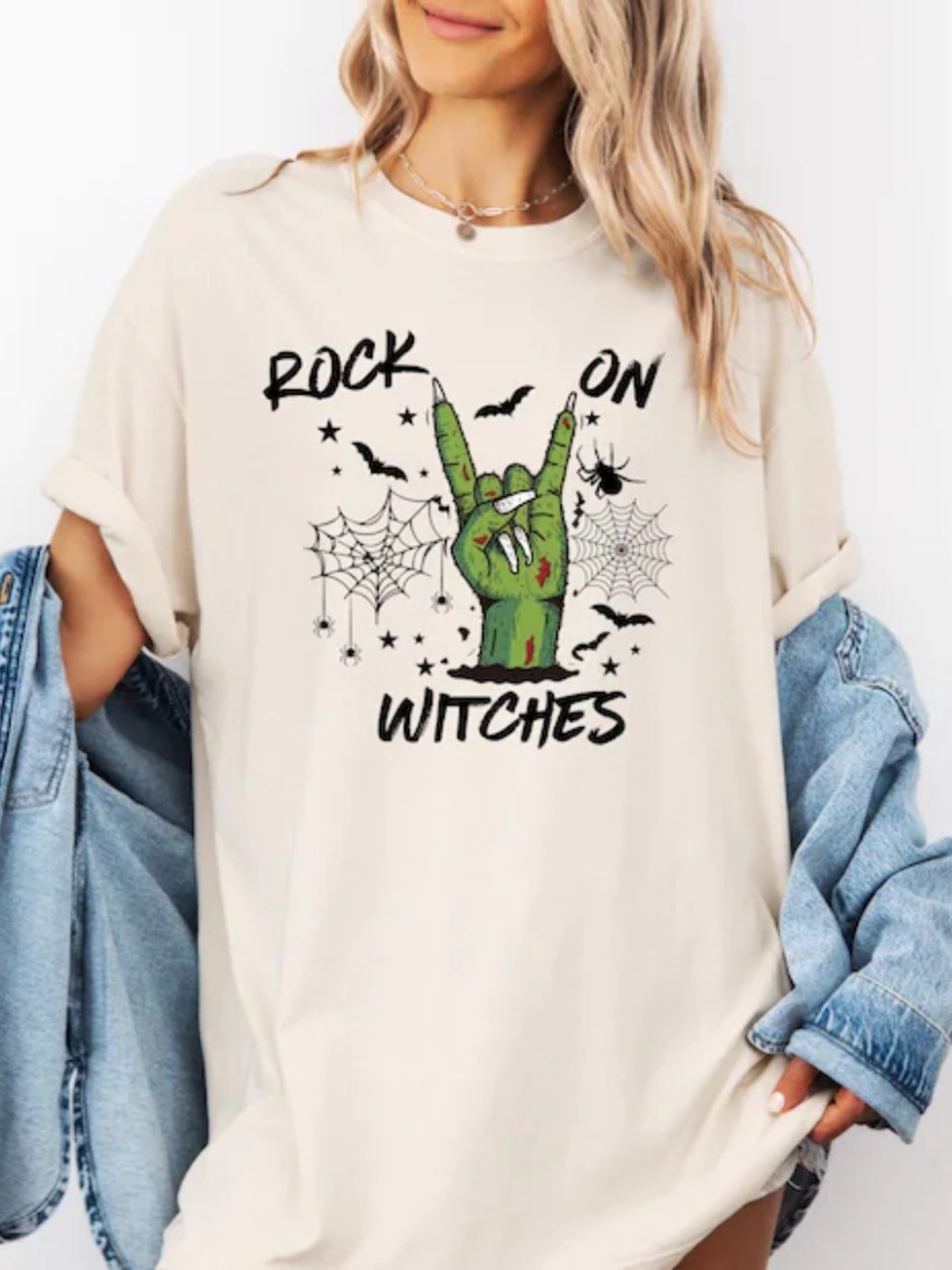 Gildan Cream Rock On Witches Graphic Tee, Web And Bat Illustration